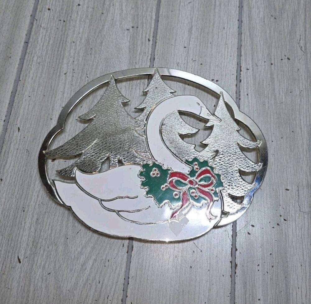 Vtg Holiday Swan Trivet William A. Rogers Japan Silver Plated Enamel Christmas